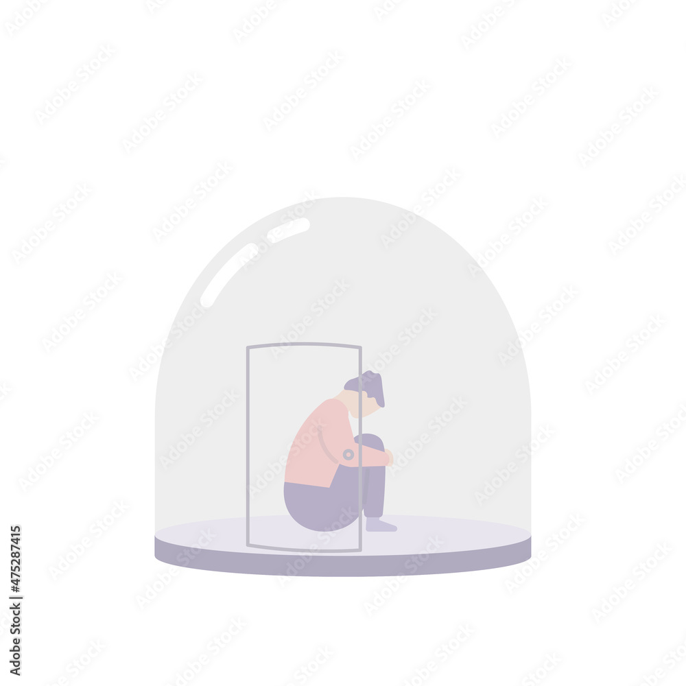 illustration of a person trapped or confined in a glass tube. stuck in