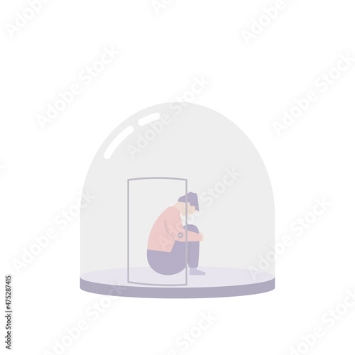 illustration of a person trapped or confined in a glass tube. stuck in a comfort zone. shut himself. anti-social. mental disorders. flat cartoon style. vector design