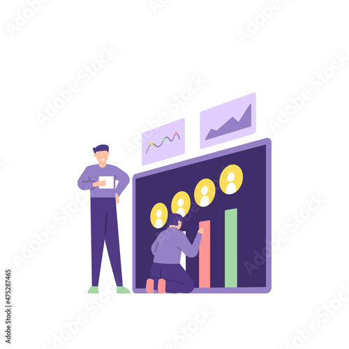 human resource manager, employee supervisor. illustration of a person checking and supervising the performance of workers or staff. work and profession. flat cartoon style. vector design