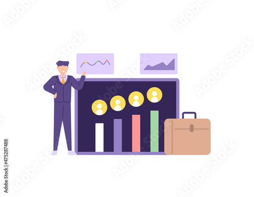 human resource manager, employee supervisor. illustration of a person checking and supervising the performance of workers or staff. work and profession. flat cartoon style. vector design
