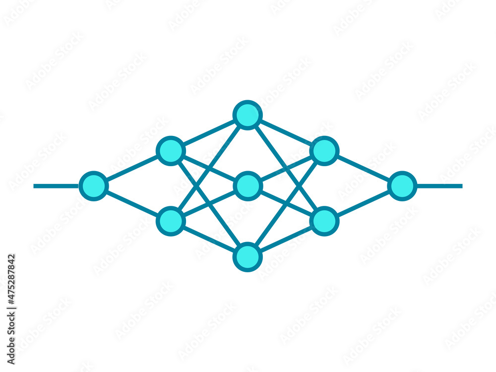 Neural network line icon. Machine learning technology. Deep learning. Artificial intelligence. Data processing scheme. Input, intermediate layers, output. Blue diagram. Vector illustration, clip art. Neural network line icon. Machine learning technology. Deep learning. Artificial intelligence. Data processing scheme. Input, intermediate layers, output. Blue diagram. Vector illustration, clip art.