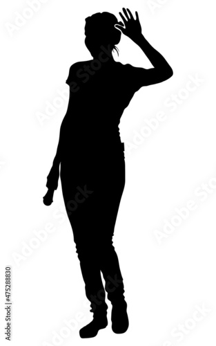 Silhouette of a young slender girl in trousers with a microphone in hand, isolated on transparent background