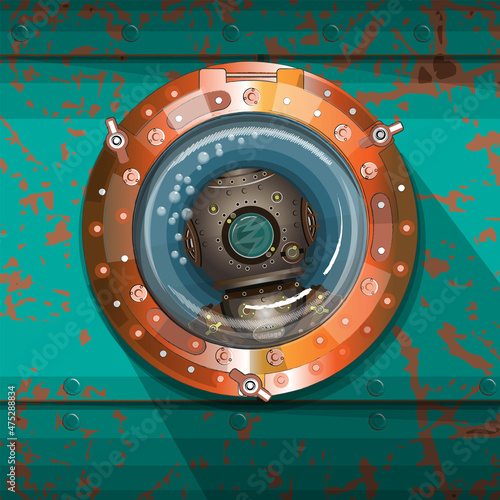 A diver in a vintage underwater suit looks into the submarine's porthole. Vector illustration