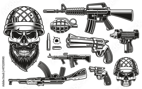 A vector illustration of a soldier skull with different weapons such as m16 rifle, ak47, revolvers, and others, these vector illustrations can be used as t-shirt prints. photo