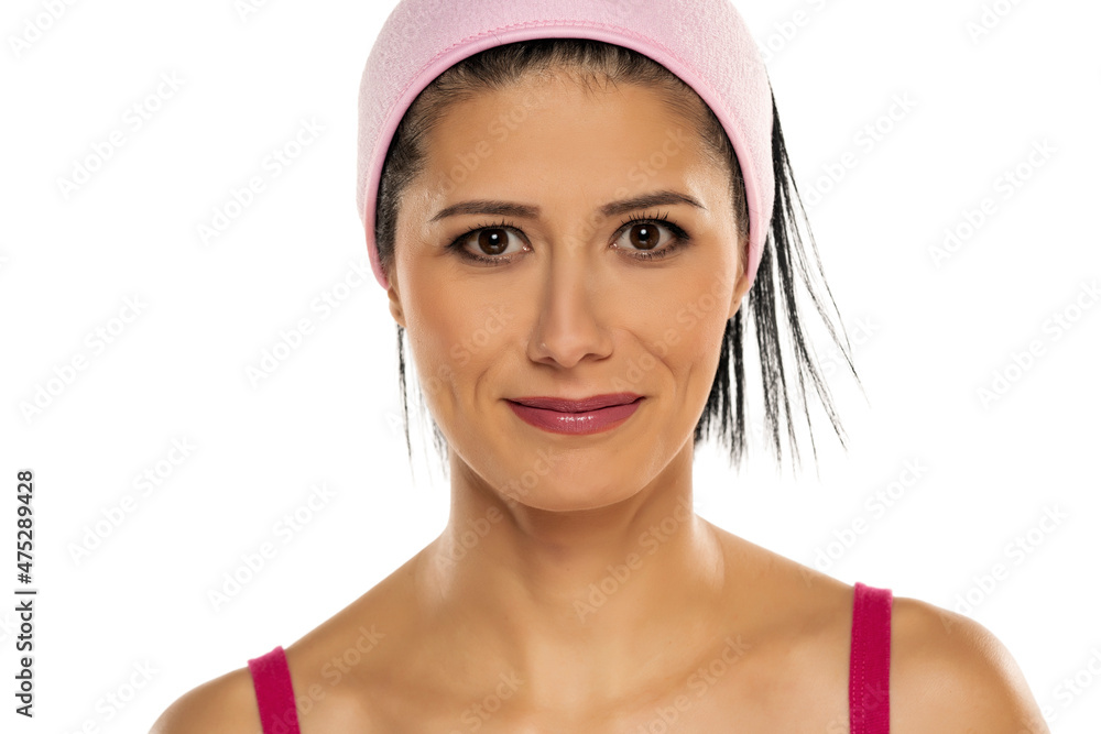 Headshot of middle-aged woman with makeup