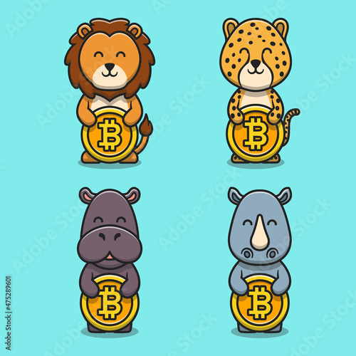 Set of cute animal cartoon flat illustrations holding bitcoin