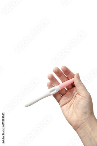 Young adult woman hands holding blank pregnancy test isolated on white background copy space, Childbirth, Family and Female concept