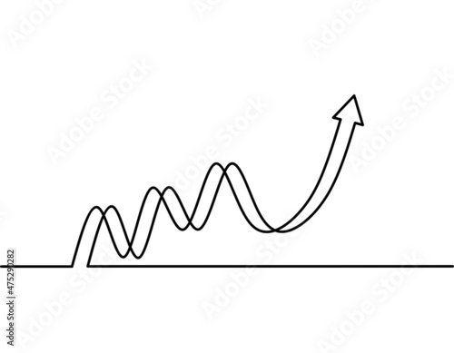 Continuous line drawing of graph arrow icon, growth graph business, object one line, single line art, 3d, vector illustration