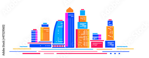 Vector bright illustration of cityscape on white color background with line. Flat style design of panorama of blue and yellow city street