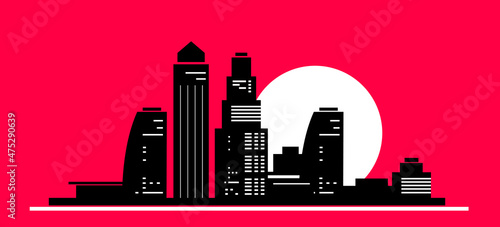 Vector illustration of silhouette of cityscape on red color background with white sun. Flat style design of panorama of white and black city street