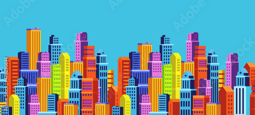 Vector horizontal illustration of bright cityscape on blue color sky background. Flat isometric style design of panorama of colorful city street