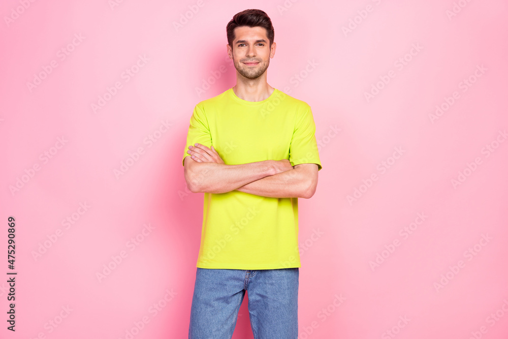 Portrait of attractive cheerful content guy folded arms isolated over pink pastel color background Portrait of attractive cheerful content guy folded arms isolated over pink pastel color background