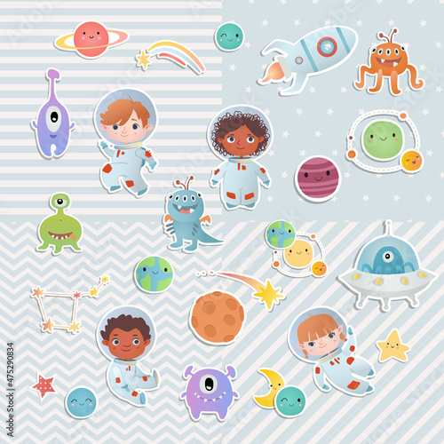 Set of elements. Little astronauts, boy and girl,   floating around in open space, among stars, planets, funny monsters and comets. Digital scrapbooking.