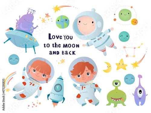 Holiday card design. Baby shower. Little astronauts, boy and girl, floating around in open space, among stars, planets, funny monsters and comets.