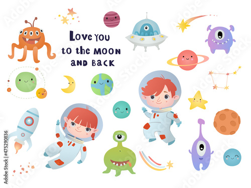 Holiday card design. Baby shower. Little astronauts, boy and girl, floating around in open space, among stars, planets, funny monsters and comets.