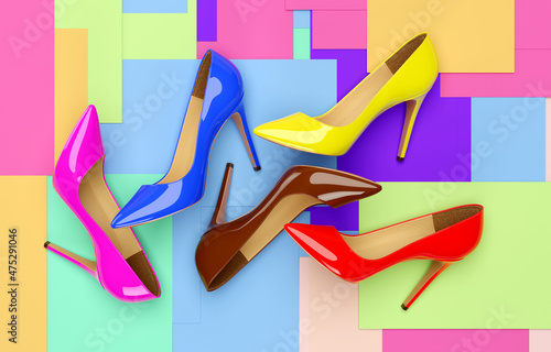 Bright colored women's shoes on a solid background. 3D rendering illustration.