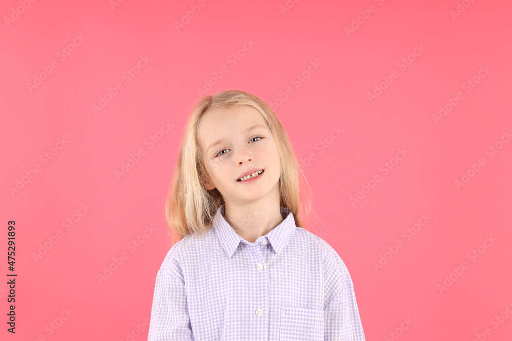 Cute little girl in shirt on pink background Cute little girl in shirt on pink background