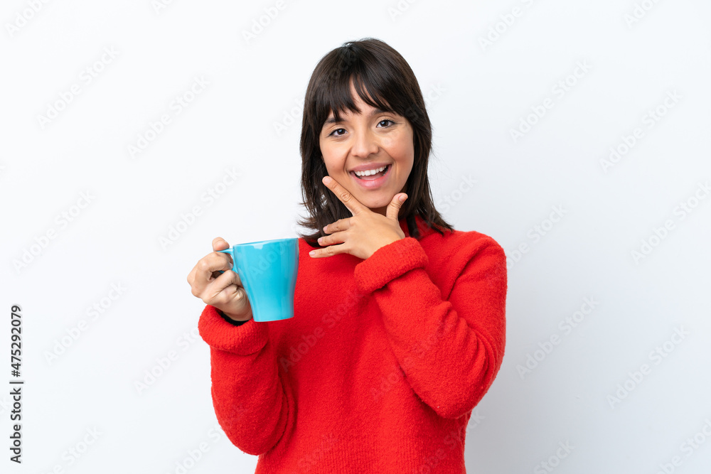 Young caucasian woman holding cup of coffee isolated on white background happy and smiling Young caucasian woman holding cup of coffee isolated on white background happy and smiling
