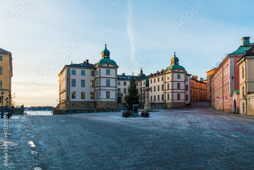 Wide shot of the Birger Jarl Square with the Wrangel Palace and Birger Jarl Monument in winter day at sunset  Stockholm  Sweden 