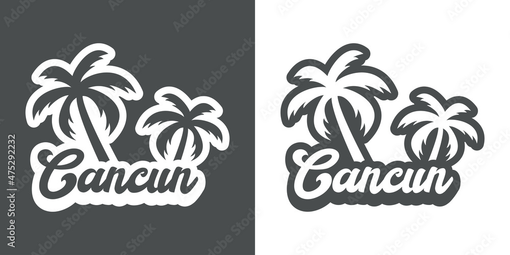 Destino de vacaciones. Logotipo con texto Cancun con palmeras con sombra en fondo gris y fondo blanco