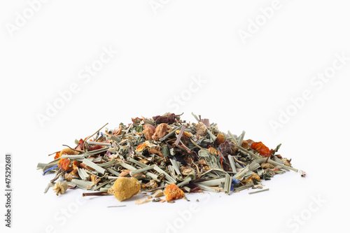 Dry floral tea isolated on white background