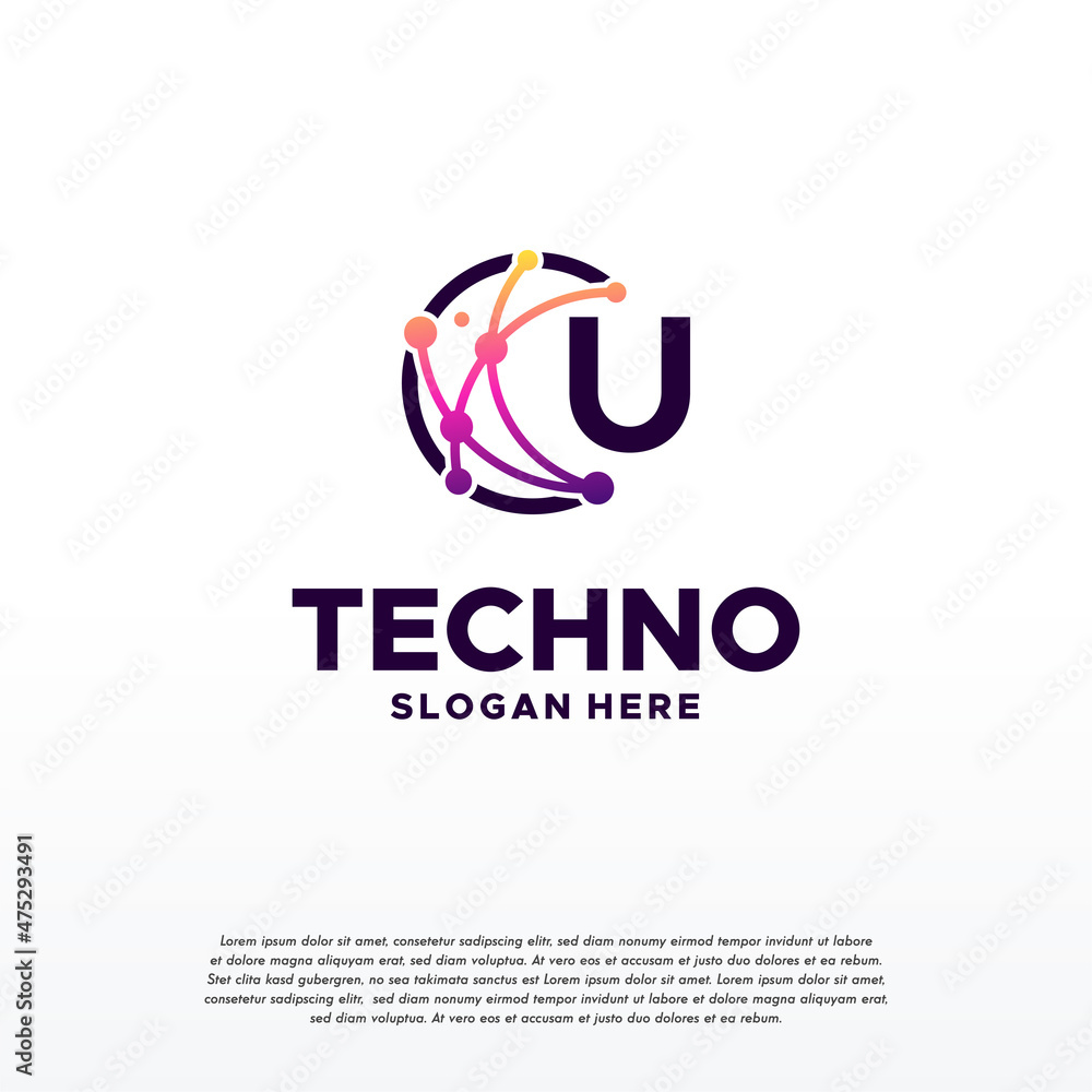 U initial Pixel technology logo designs concept vector, Network Internet Digital Wire logo