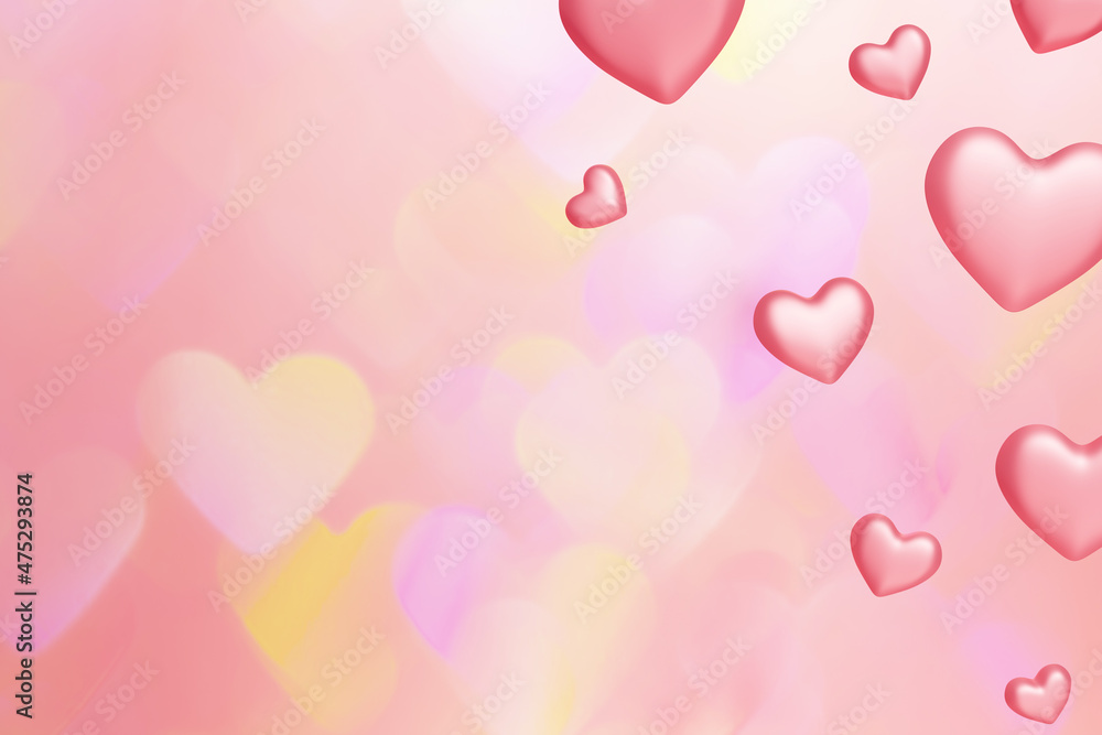 3d render of pink valentine hearts border on a coral bokeh background
