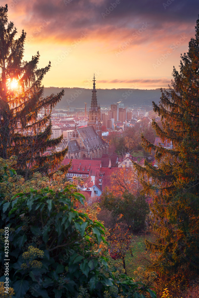Esslingen am Neckar, Germany. Cityscape image of picturesque old town of Esslingen am Neckar, Germany located in the Stuttgart region at autumn sunset.
