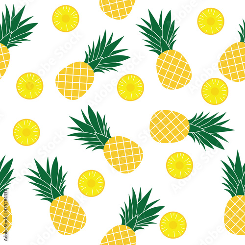 Pattern yellow pineapple in flat style. Vector whole and rings pineapple isolated on a white background.