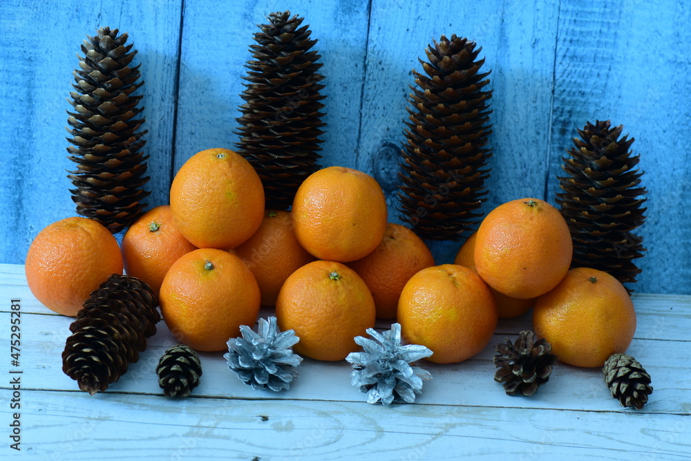 Fresh pink tangerines for Christmas decorated with fir cones