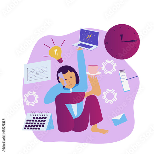 Multitasking woman. Self-management, self regulation learning, self-organization course concept. Vector isolated concept creative illustration