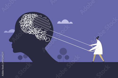 Conceptual illustration of complex thoughts inside a brain is straightened by an expert