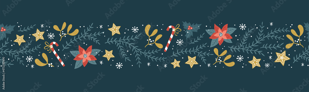 Naklejka premium Lovely hand drawn seamless christmas pattern with branches and decoration, great for banners, wallpapers, cards, textiles - vector design
