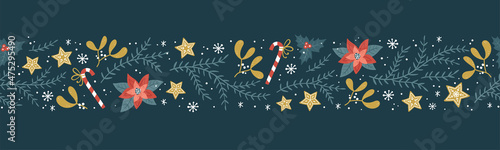 Fotografiet Lovely hand drawn seamless christmas pattern with branches and decoration, great