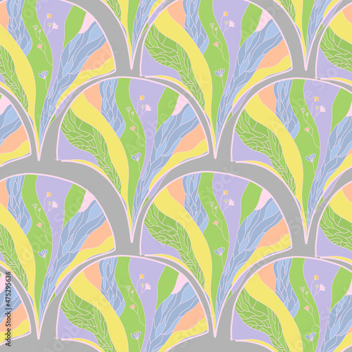 Multicolored stained glass window with flowers. Cute seamless pattern with pink lines doodle. Texture, textiles, children wallpaper. © Julia Nagovicyna