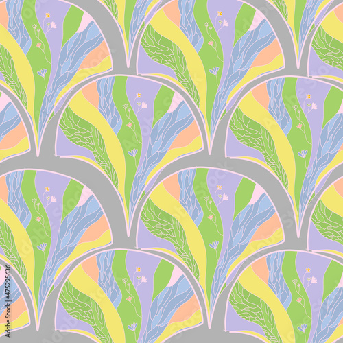 Multicolored stained glass window with flowers. Cute seamless pattern with pink lines doodle. Texture, textiles, children wallpaper.