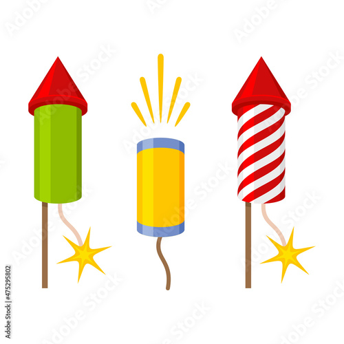 Firecracker and Pyrotechnic Firework Set. Flat Style Vector