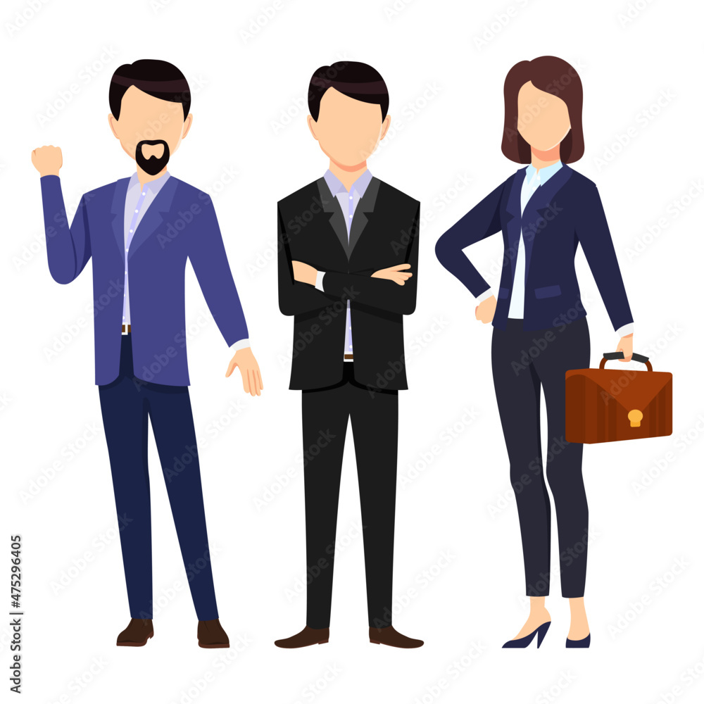 Business man and woman face less character set team standing together and posing isolated on white background holing bag