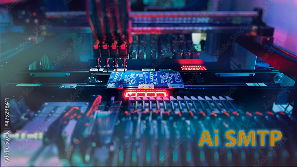 Ai SMT Concept: Production of high-tech computer Chips on an automatic SMT machine. Digital technologies for automation of industry. Red neon lights illuminate Chip Components for automation test.