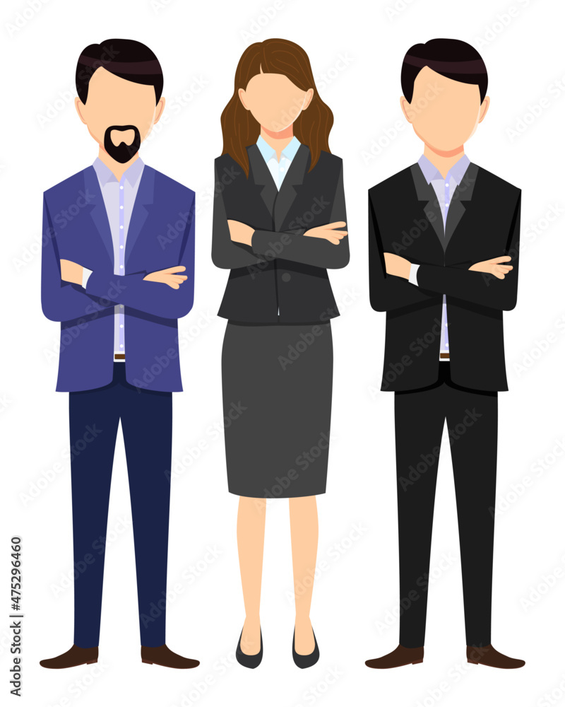 Business man and woman face less character set team standing together and posing isolated
