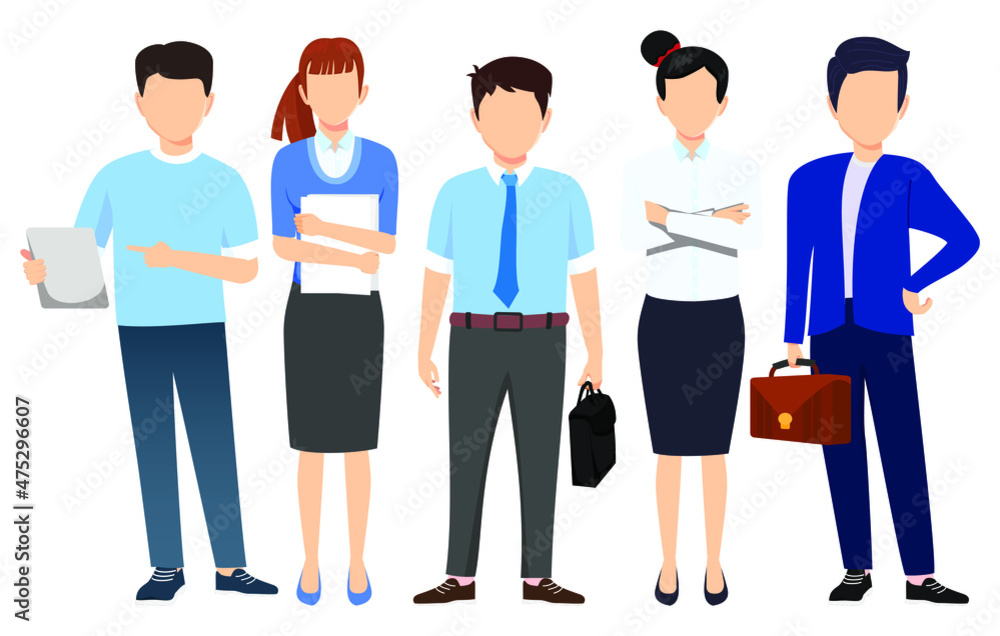 Business man and woman face less character set team standing together and posing Business man and woman face less character set team standing together and posing