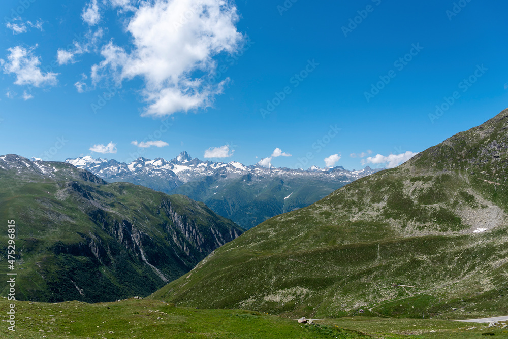 Alpine landscape from the Nufenen Pass with the mountain Finsteraarhorn