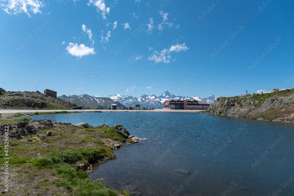 Alpine landscape with mountain lake on the Nufenen Pass