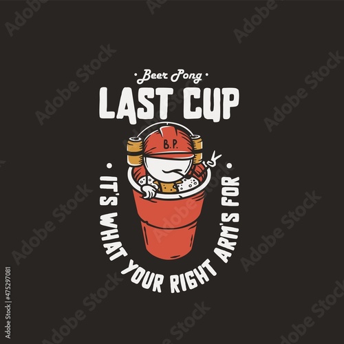 Beer pong game. T-shirt print with beer pong ball man sits on the cup with beer helmet. Alcohol sport design for bar with throw and drink, booze