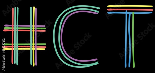 CT Hashtag. Multicolored bright isolate curves doodle letters. Hashtag #CT is abbreviation for the US America state Connecticut social network, web resources, mobile app.