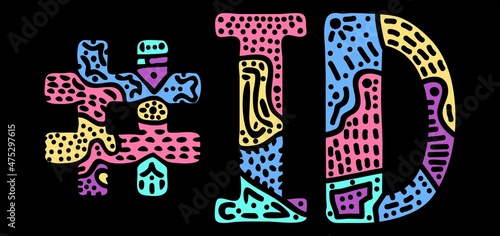 ID Hashtag. Multicolored bright isolate curves doodle letters. Hashtag #ID is abbreviation for the US American state Idaho for social network, web resources, mobile apps.