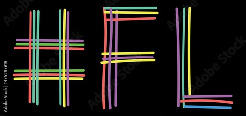 FL Hashtag. Multicolored bright isolate curves doodle letters. Hashtag #FL is abbreviation for the US America state Florida social network, web resources, mobile app.