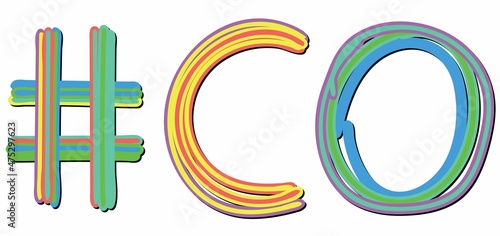 CO Hashtag. Multicolored bright isolate curves doodle letters. Hashtag #CO is abbreviation for the USA state Colorado for social network, web resources, mobile apps.