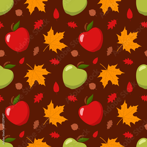 Photo Seamless pattern with colorful leaves and apples on brown background
