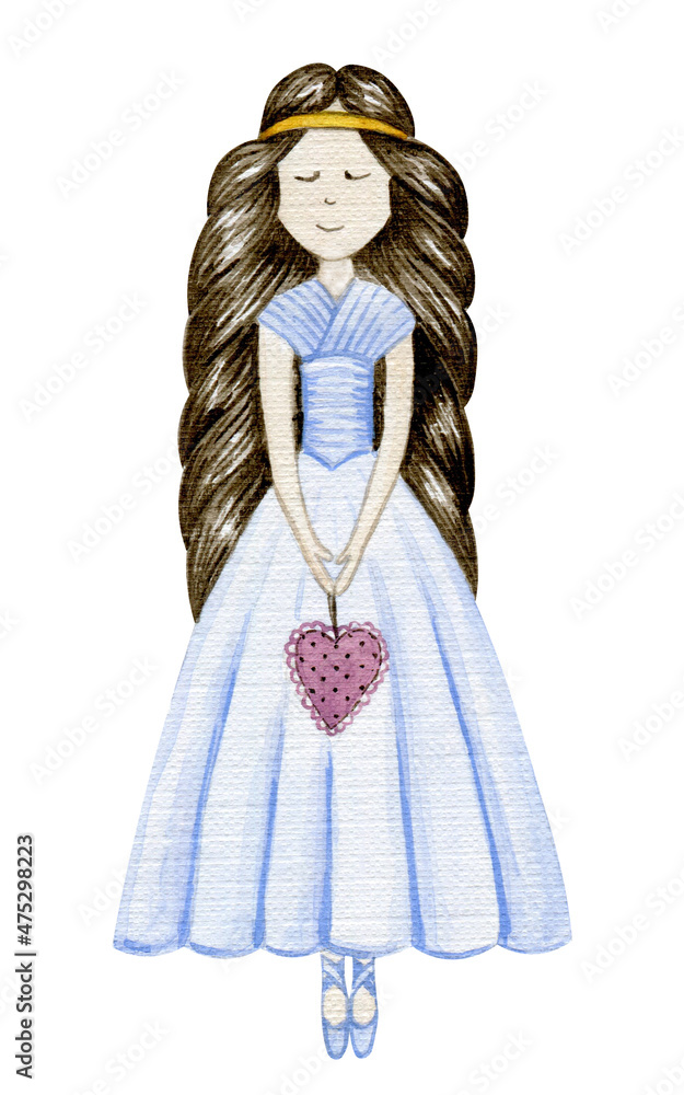 A cute ballerina holds a textile toy in the shape of a heart in her hands. Childrens watercolor illustration. Isolated clipart element on white background.